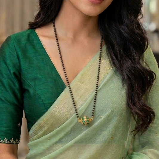 Jadau Kundan green stone ball pendant Mangalsutra chain