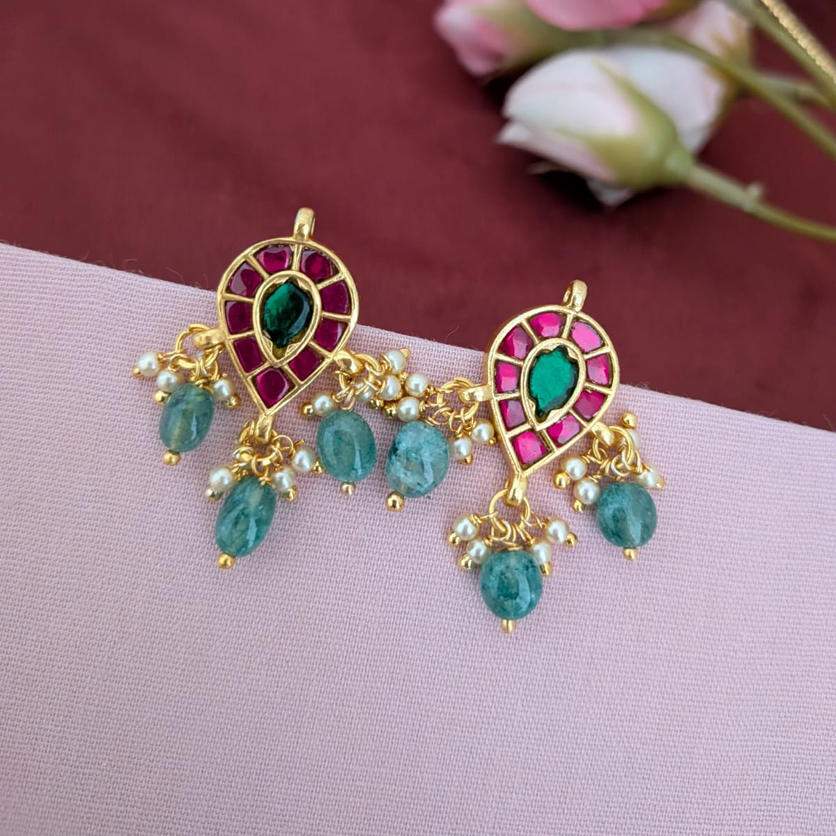 Drop green with ruby jadau kundan earring