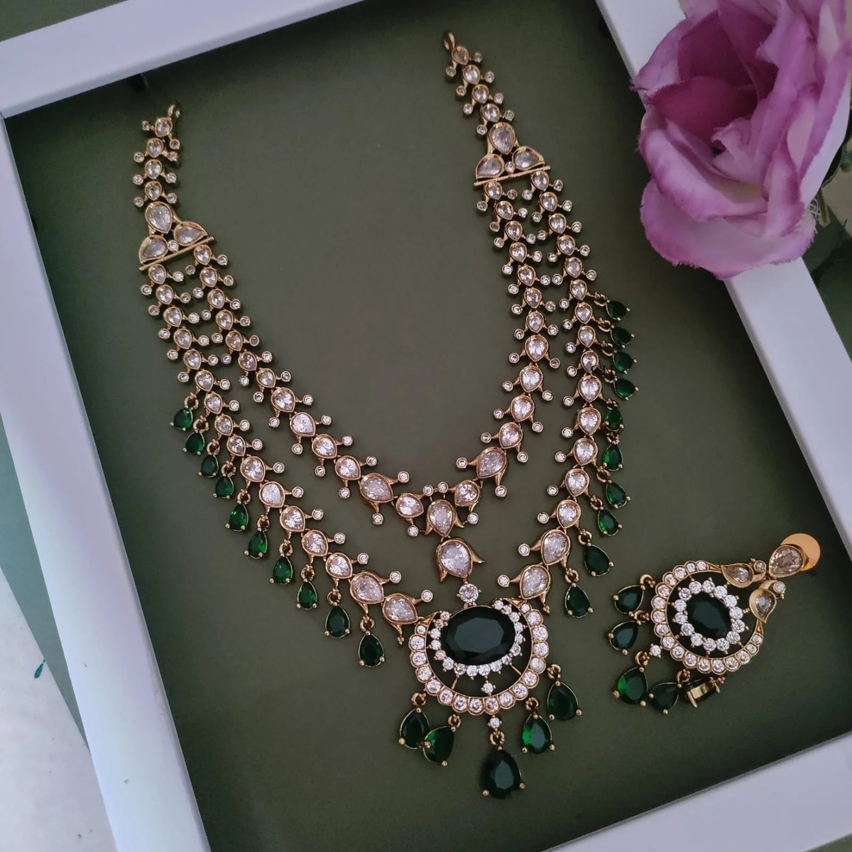 Two Layers White and Emerald Stones Bridal Necklace