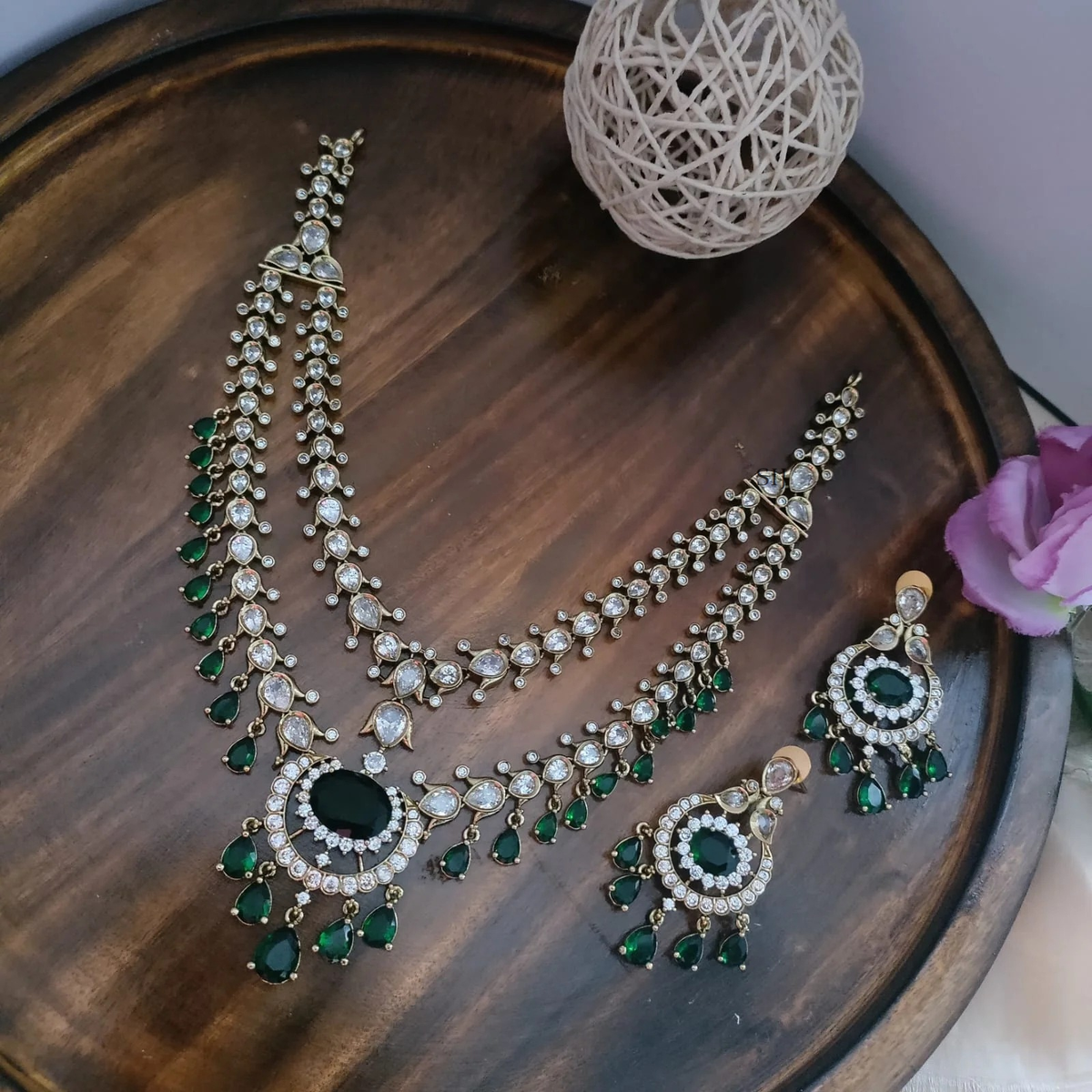 Two Layers White and Emerald Stones Bridal Necklace