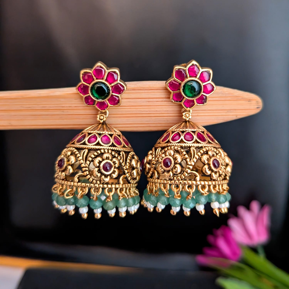 Ruby stone Nakshi work Jadau Kundan jumka