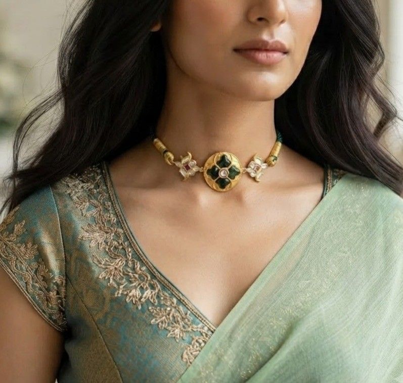 Jadau kundan Green stone choker necklace