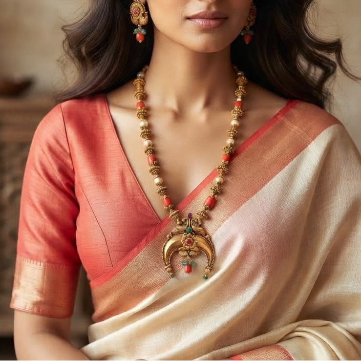 Coral beaded necklace set with Pearl