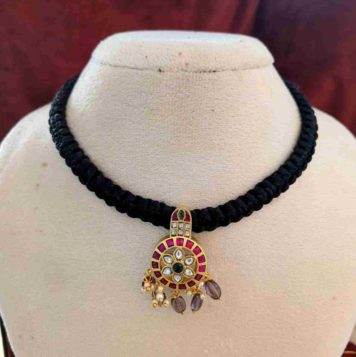 Stunning Black Thread Jadau pendant Necklace