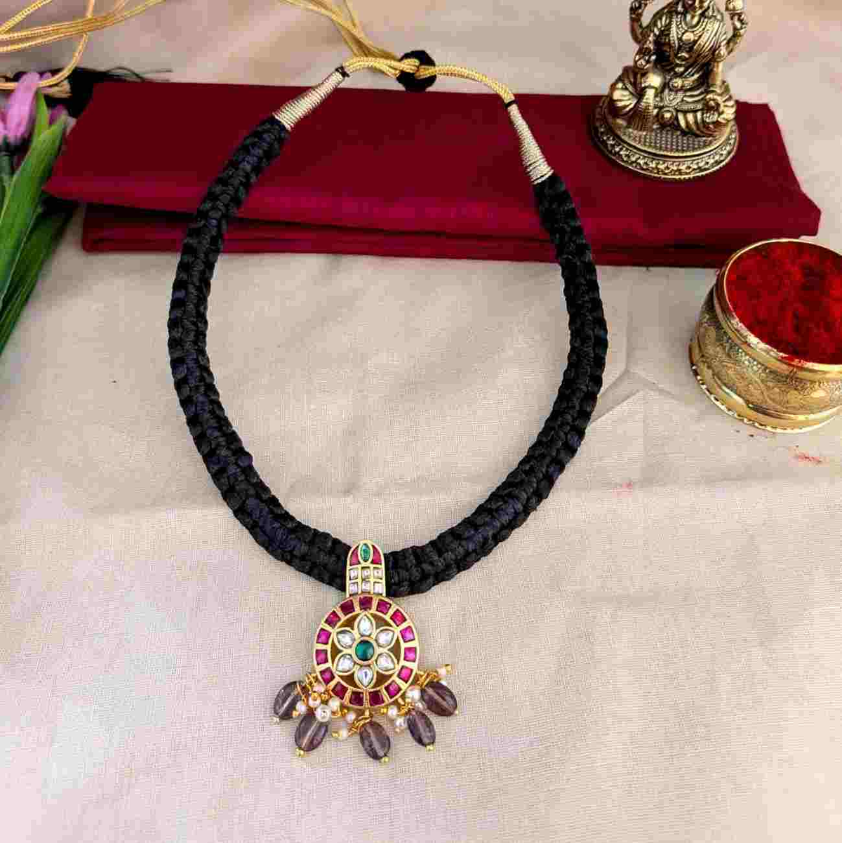 Stunning Black Thread Jadau pendant Necklace