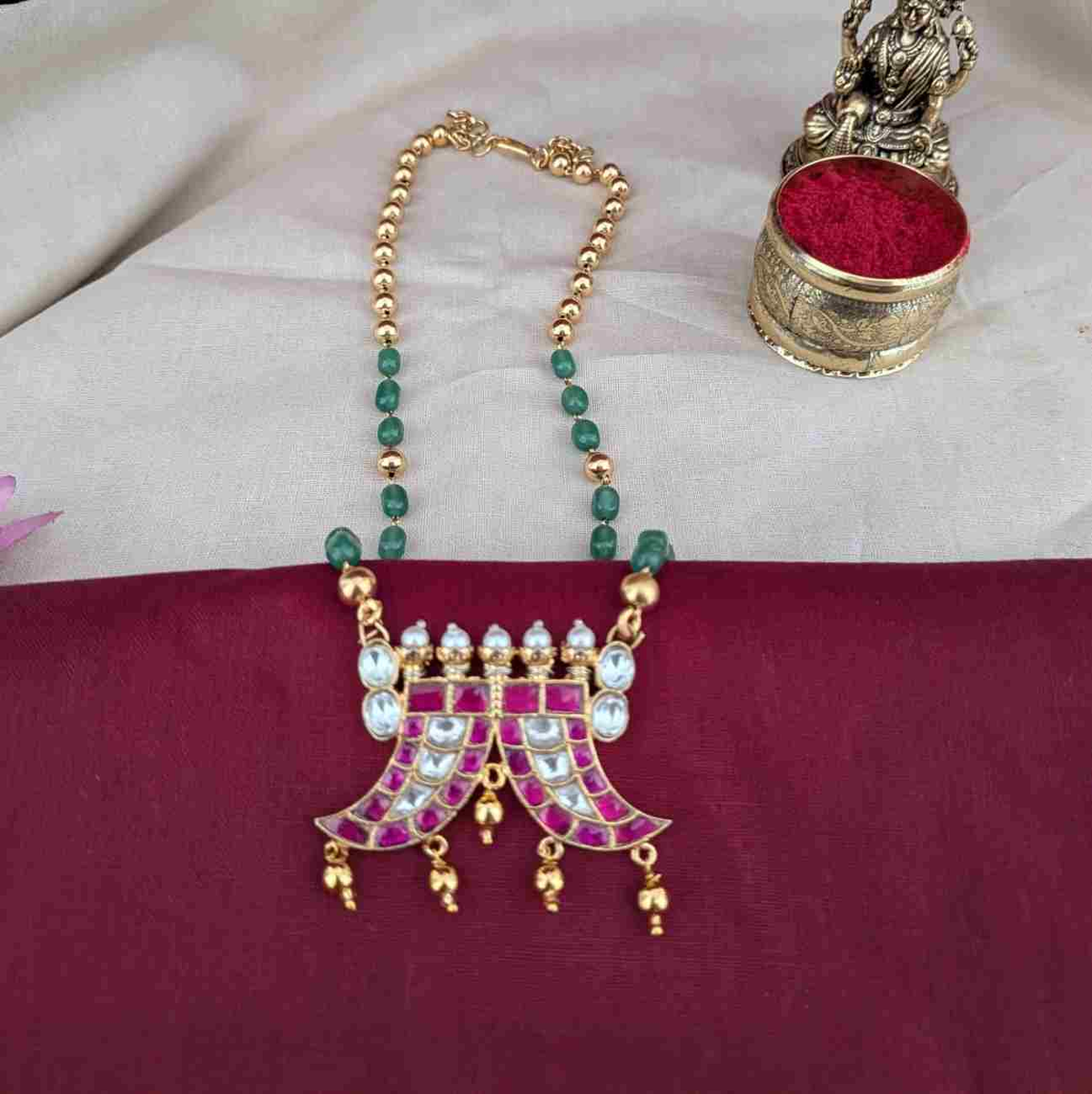 Pearl Chain with Paisley Shaped Jadau Pendant Mango Long Necklace