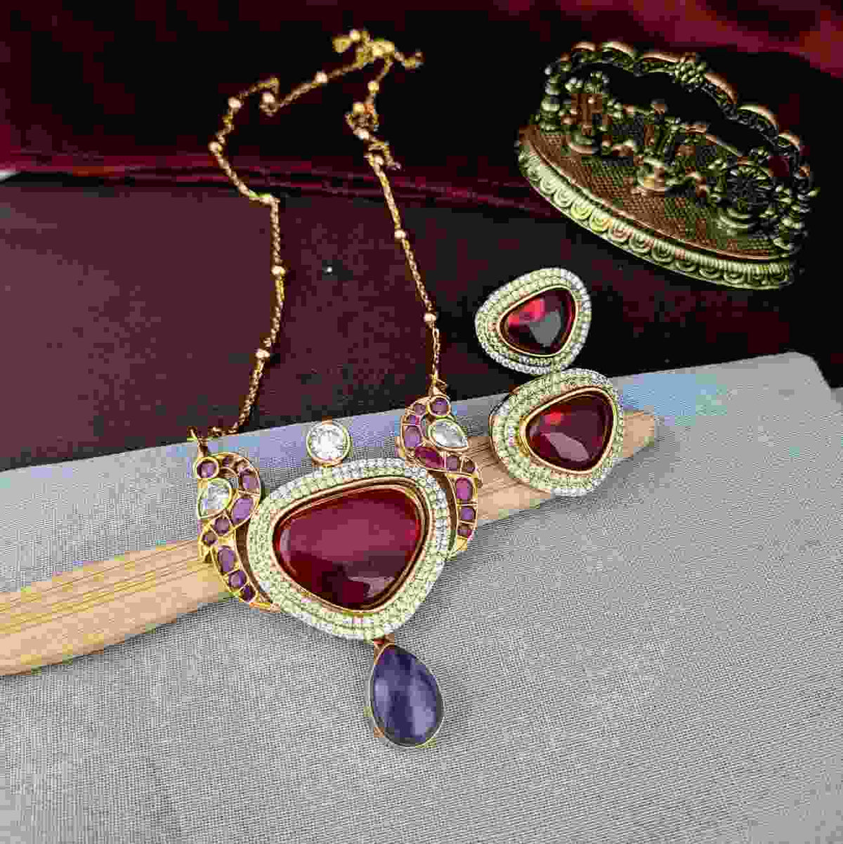 Ruby Drop Peacock Pendant Long Necklace