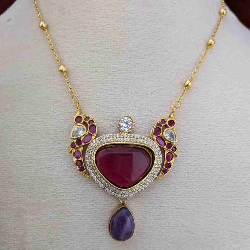 Ruby Drop Peacock Pendant Long Necklace