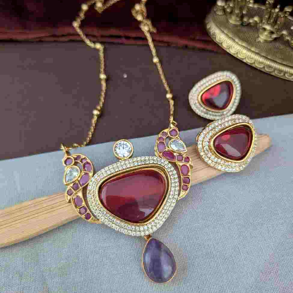 Ruby Drop Peacock Pendant Long Necklace