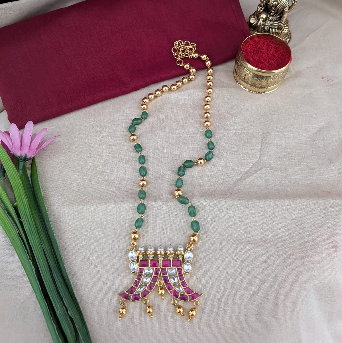 Pearl Chain with Paisley Shaped Jadau Pendant Mango Long Necklace