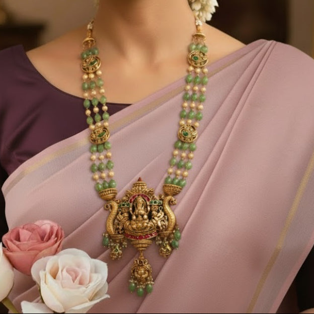 3 Layered Jadau kundan lakshmi pendant long necklace