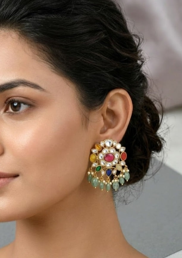 Navratna round stone earring